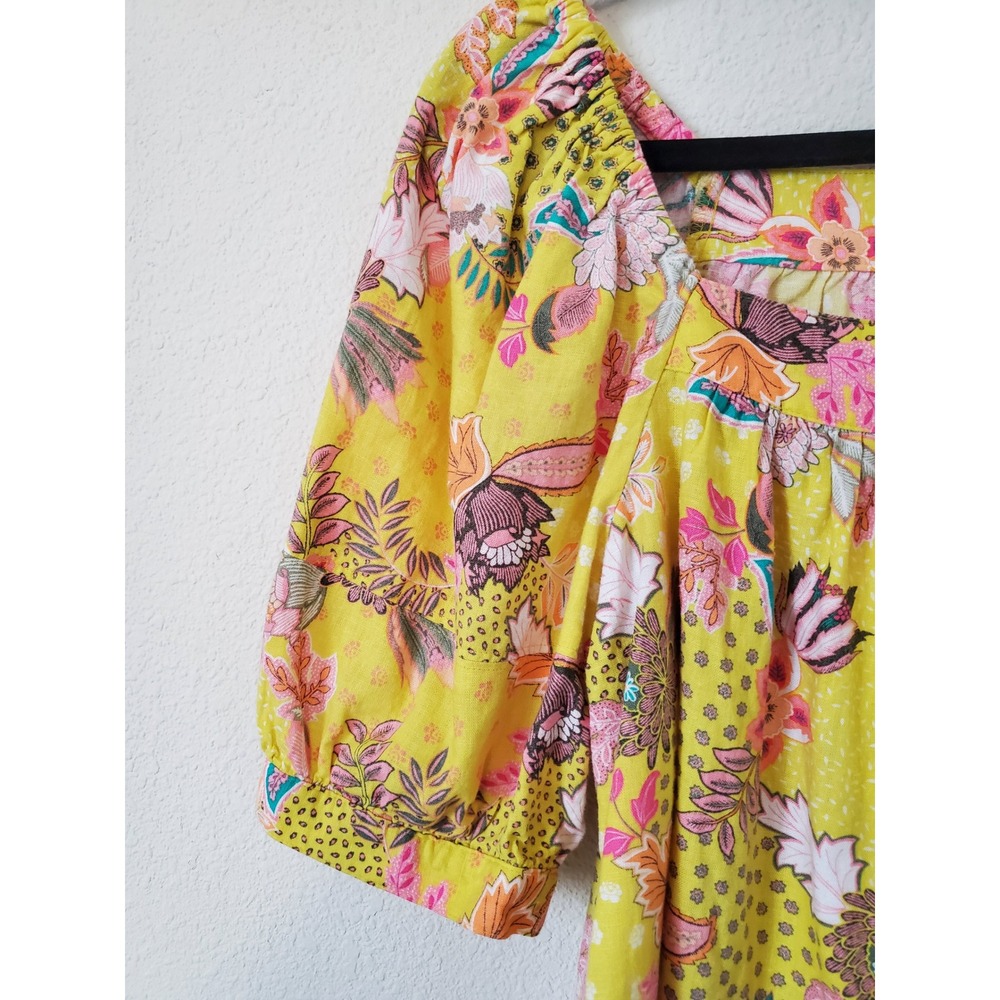 LOFT Yellow Floral‎ Square Neck Puff Sleeve Linen Blend Top Small Colorful - Picture 2 of 9